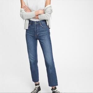 Gap Sz 28 Tall Cheeky Straight High Rise Jeans Button-fly Raw Hem Dark Indigo